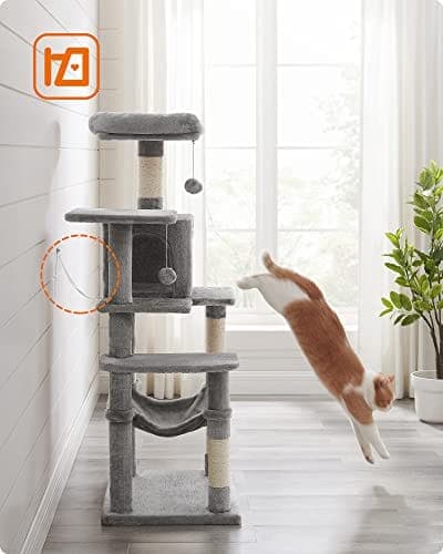Feandrea Cat Tree, Cat Condo med hængekøje, 143 cm, lysegrå