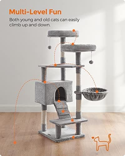 Feandrea Cat Tree, Cat Tower 142 cm, Cat Activity Center, Light Gray