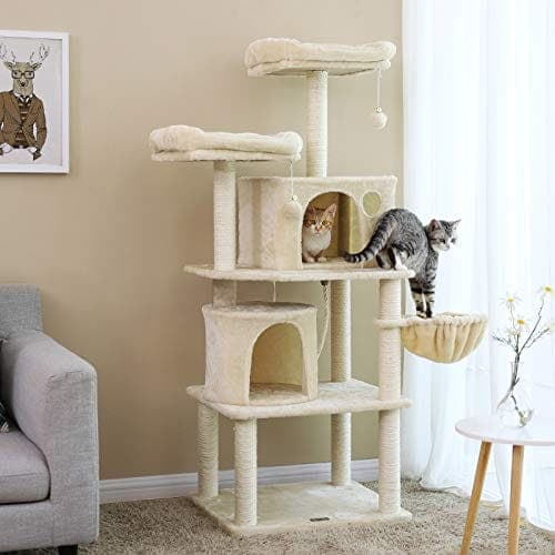 FEANDREA kattträd, högt katttorn, 2 grottor, Beige