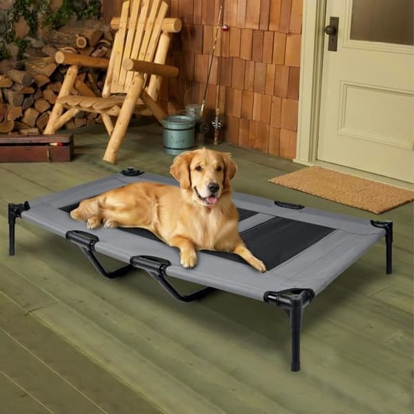 XMTECH Hundkattsäng med kapell, husdjurssäng, förhöjd kattsäng för stora hundar Kapacitet 60 kg, 122x92x102 cm, grå