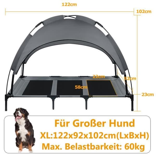 XMTECH Hundkattsäng med kapell, husdjurssäng, förhöjd kattsäng för stora hundar Kapacitet 60 kg, 122x92x102 cm, grå