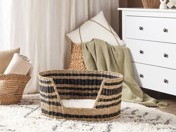 Korg för Husdjur Naturlig Svart Sjögräs 65 x 44 cm med Kudde i Bomull Bädd för Katt Hund Boho Vardagsrum Sovrum