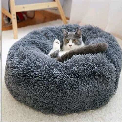 Rund korg för hundar och katter i mjuk och bekväm plysch för att sova på vintern - mörkgrå -50cm