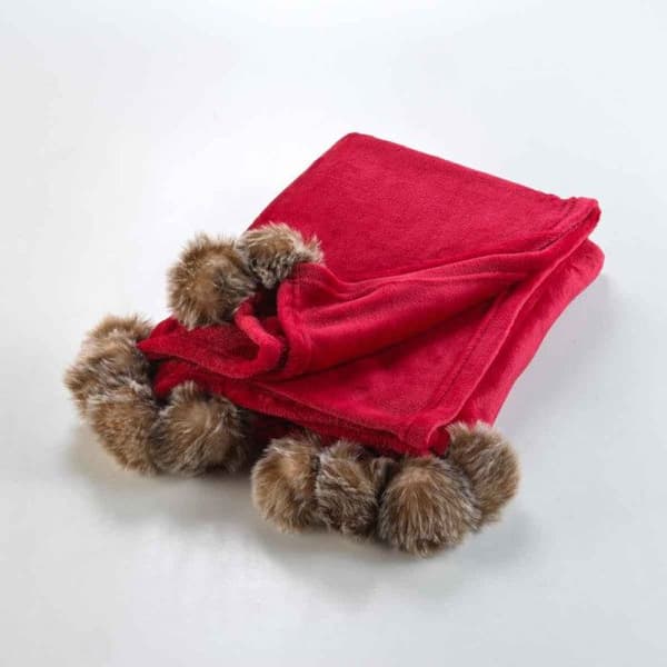 Rutig Fleece Pomponer "Snöig" 125x150cm Röd