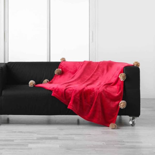 Rutig Fleece Pomponer "Snöig" 125x150cm Röd