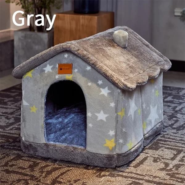 Hundehus, Aftageligt Betræk, Behageligt Design,L 53x43x46cm, Kattehus Grå Stjerne