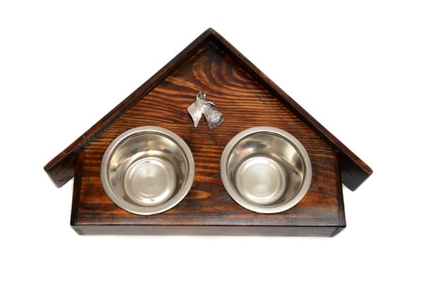 Scottish Terrier, Aberdeen Terrier - træstativ med hundeskåle, dekorative hundeskåle, hundeadoptionsgave fra Art-Dog