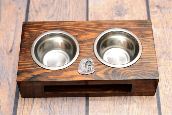 Bearded Collie, Highland Collie - träställ med hundskålar, hundskålar i stål, adoptionspresent till hund från Art-Dog