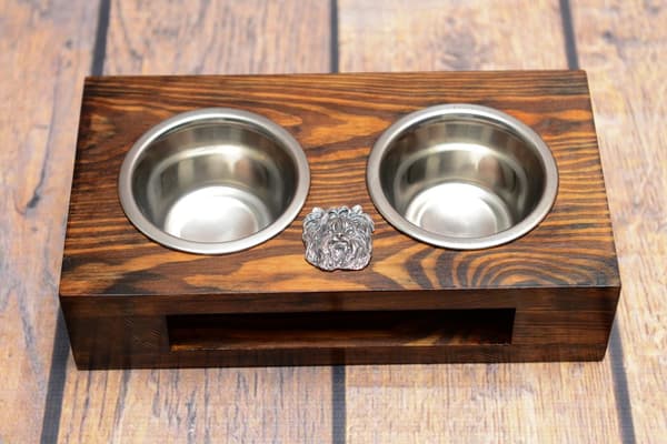 Yorkshire Terrier, York, York, Yorkie I - trästativ med hundskålar, hundskålar i stål, adoptionspresent till hund från Art-Dog