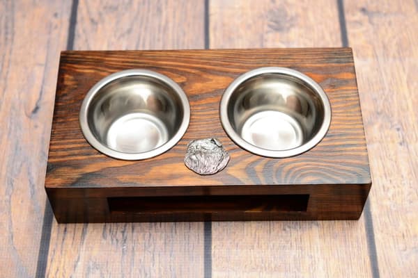 Brussels Griffon, Griffon bruxellois I - puinen teline koirankulhoilla, teräskulhoilla, koiran adoptiolahja Art-Dogilta