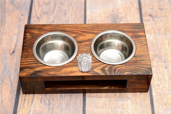 Yorkshire Terrier, York, York, Yorkie II - træstativ med hundeskåle, stålhundeskåle, hundeadoptionsgave fra Art-Dog
