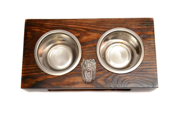 Yorkshire Terrier, York, York, Yorkie II - træstativ med hundeskåle, stålhundeskåle, hundeadoptionsgave fra Art-Dog