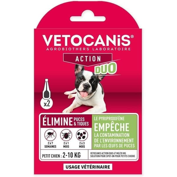 VETOCANIS Lopp- och fästingskontroll Duo Spot på - 2 pipetter - Effektivitet 7 veckor - För små hundar