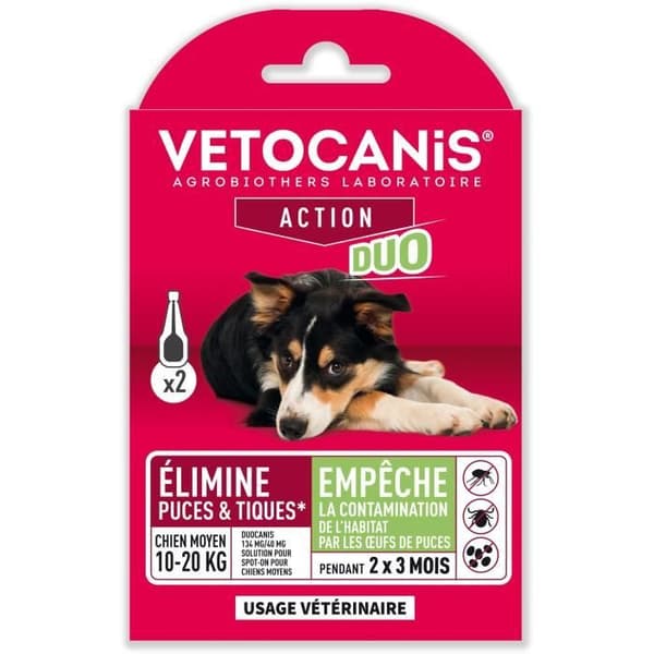 VETOCANIS Lopp- och fästingskontroll Duo Spot på - 2 pipetter - Effektivitet 7 veckor - För medelhundar