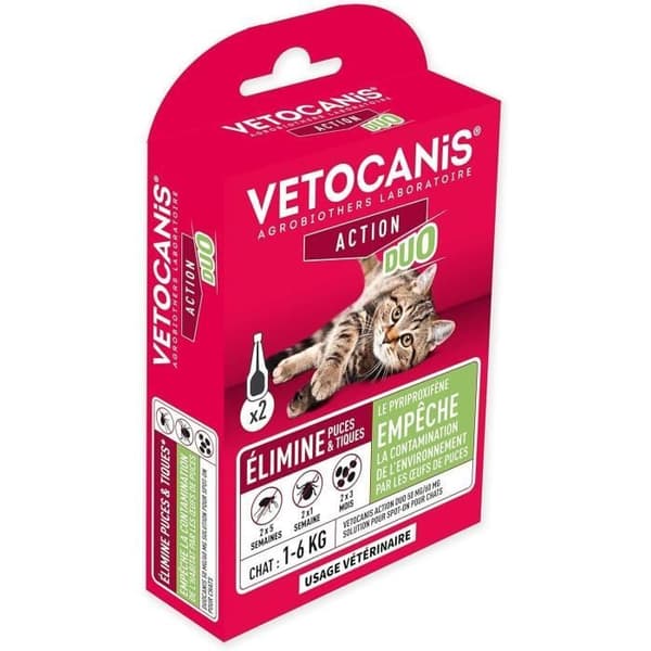 VETOCANIS Lopp- och anti-tick Duo-pipetter - 2 pipetter i 5 veckors skydd - För katter