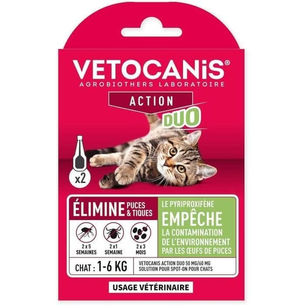 VETOCANIS Lopp- och anti-tick Duo-pipetter - 2 pipetter i 5 veckors skydd - För katter