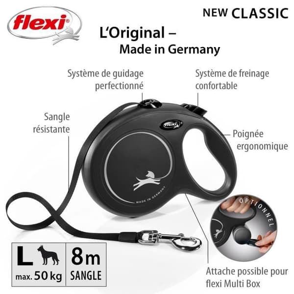 FLEXI Ny klassisk snörrem - L: 8 m - Svart - För hundar