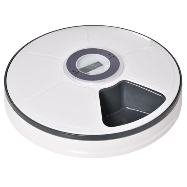 Rootz husdjursmatare - 6 fack husdjursmatare för katter - husdjursmatare med digital timer - LED-skärm - vit + grå - Ø30,5 x 7,2H cm