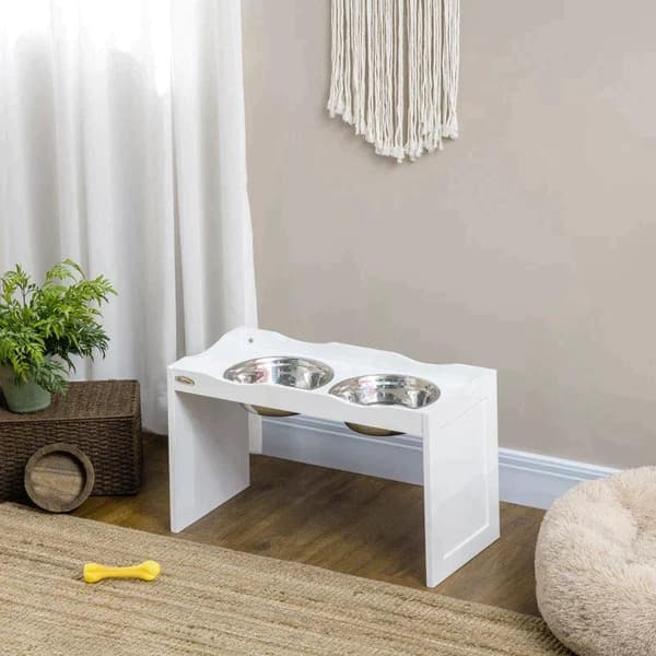 Rootzin ruokintapiste - Kulhoteline - Koiran ruokintapiste - 2 ruokintakulhoa - Suurille koirille - Ruostumaton teräs/MDF - Valkoinen - 63 x 30 x 24 c