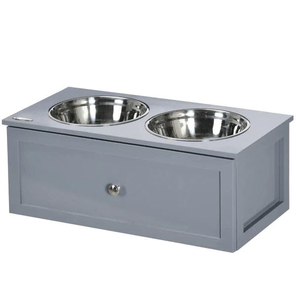 Rootz Foderstation - Forhøjet foderstation - 2 foderskåle hver 2 liter - Rustfrit stål - Med skuffe - Til mellemstore hunde - Grå - 60 x 30 x 24 cm