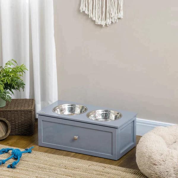 Rootz Foderstation - Forhøjet foderstation - 2 foderskåle hver 2 liter - Rustfrit stål - Med skuffe - Til mellemstore hunde - Grå - 60 x 30 x 24 cm
