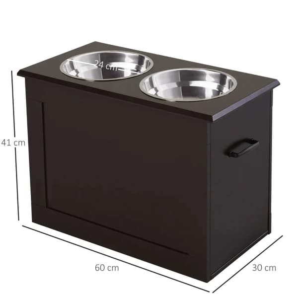 Rootz foderstation - 2 foderskåle i rustfrit stål - Skjult opbevaring - Hvid + Sølv - 60 cm x 30 cm x 41 cm