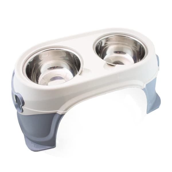 Animel dobbelt hunde-/kattesk?l i rustfrit st?l p? plaststativ