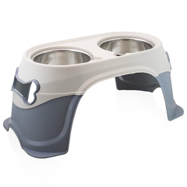 Animel dobbelt hunde-/kattesk?l i rustfrit st?l p? plaststativ