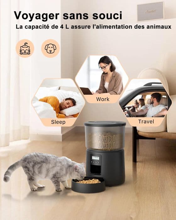 Automatisk kattmatsdispenser - Kattmatsdispenser med programmerbar timer - stor kapacitet 4L-svart