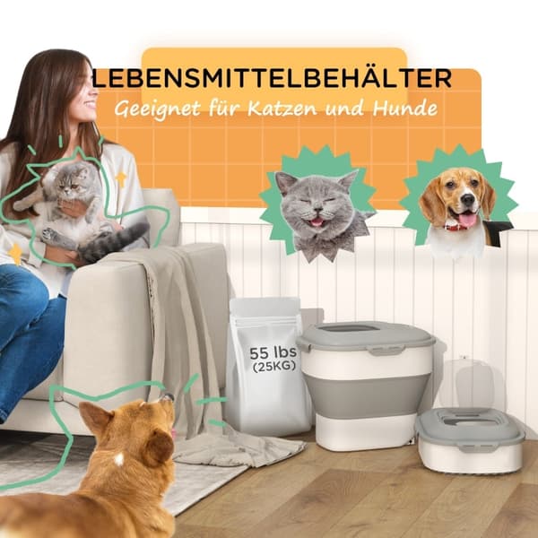 Rootz Hundemadsbeholder - Holder til foder til kæledyr - Lufttæt forsegling - 25L/5L - Foldbart design - Hjul - Tørremiddel - 44cm x 32cm x 37cm