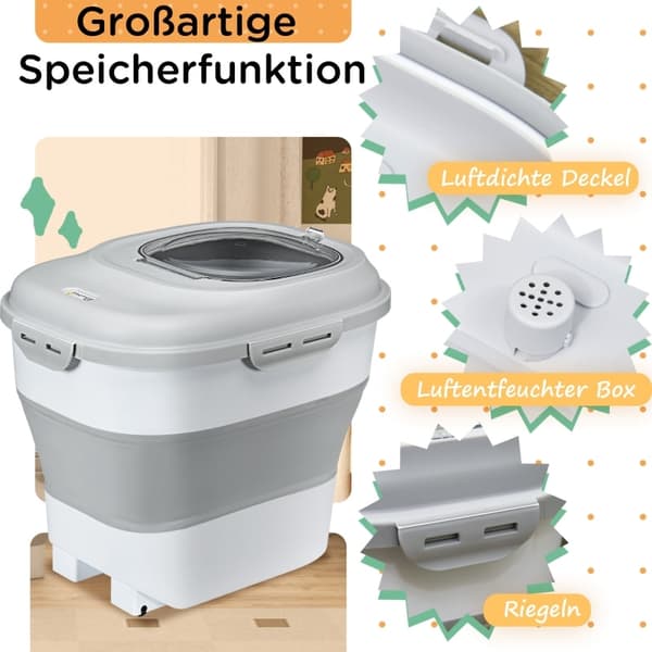 Rootz Hundemadsbeholder - Holder til foder til kæledyr - Lufttæt forsegling - 25L/5L - Foldbart design - Hjul - Tørremiddel - 44cm x 32cm x 37cm