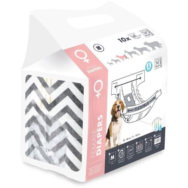 Hundblöjor - M PETS - BLÖJOR - Hona M x10 - Midjemått 30-42,5 cm - 4-10 kg - Fuktindikator - 12h skydd
