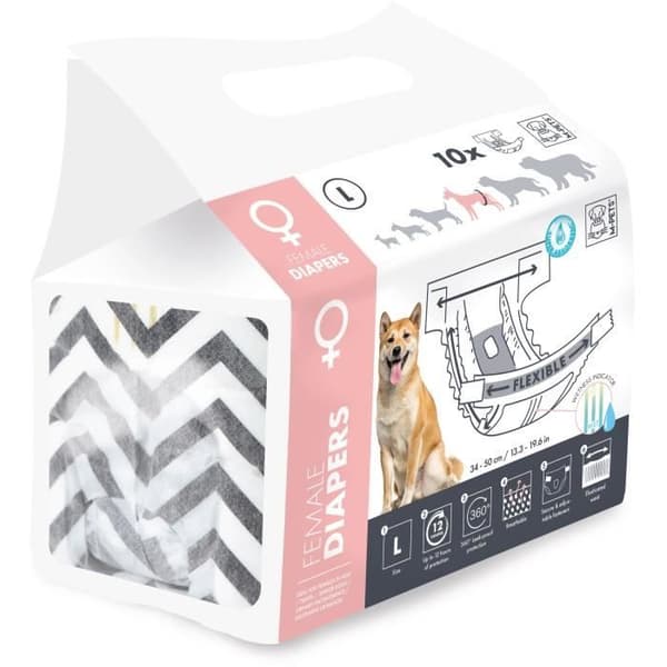 Hundblöjor - M PETS - BLÖJOR Hona L x10 - Midjemått 32-52 cm - 8-15 kg - Fuktindikator - 12h skydd