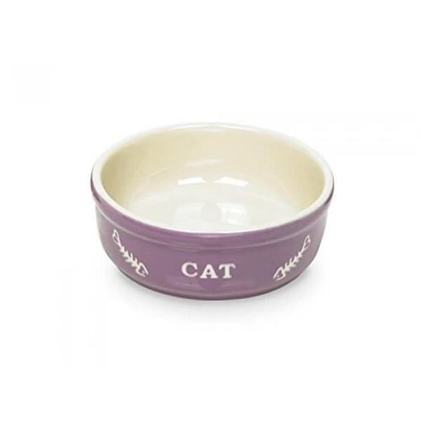 Keramikskål - NOBBY - 73369 - Diameter 13,5 cm - Lila/Beige - Inskrift katt