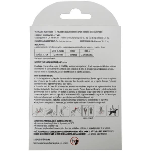 Pipetter - VETOCANIS - x4 Anti-loppor och fästingar Duo Pipetter 134mg/40mg för medelstora hundar