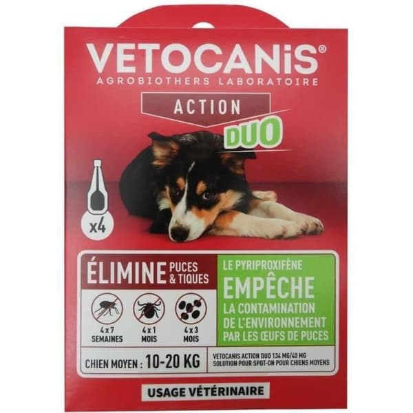 Pipetter - VETOCANIS - x4 Anti-loppor och fästingar Duo Pipetter 134mg/40mg för medelstora hundar