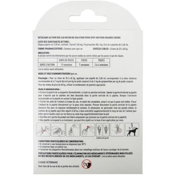 Pipetter - VETOCANIS - x4 Anti-loppor och fästingar Duo Pipetter 268mg/80mg för stora hundar