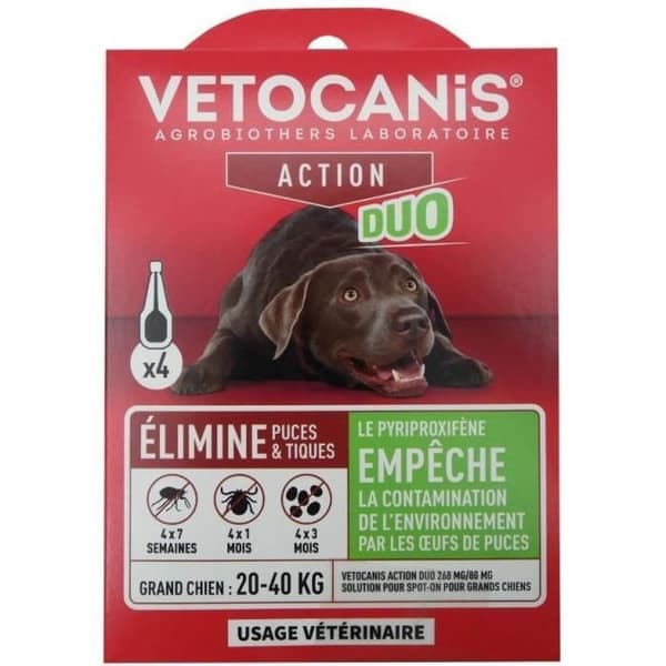 Pipetter - VETOCANIS - x4 Anti-loppor och fästingar Duo Pipetter 268mg/80mg för stora hundar