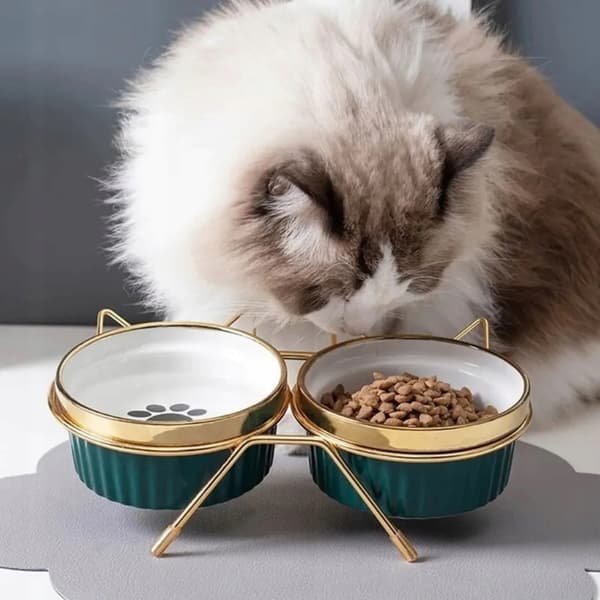 DOBBELT KERAMISKE SKÅLE TIL KATTE OG HUNDE SKÅLE PÅ STATIV 2x300ML