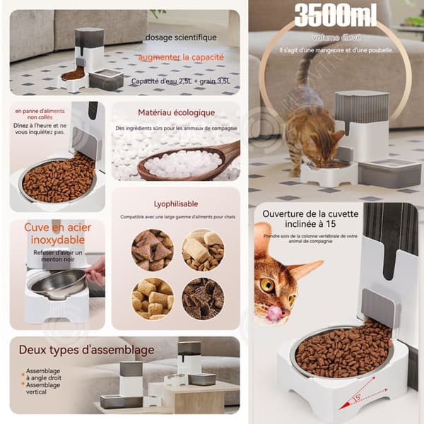 INN 2-i-1 Cat Food Dispenser 3,5L + 2,5L med rostfri stålskål Mat Dispenser Två monteringslägen Grå