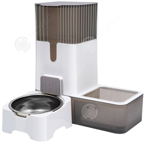 INN 2-i-1 Cat Food Dispenser 3,5L + 2,5L med rostfri stålskål Mat Dispenser Två monteringslägen Grå