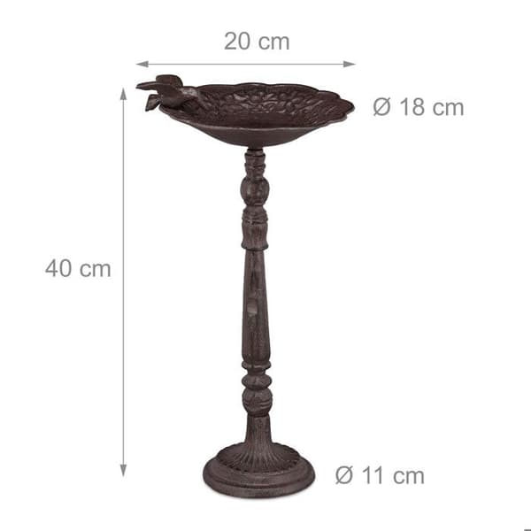 Relaxdays fontän i gjutjärn på pelare, dekoration för trädgård, fågelmatare med fat, 40 cm, brun hög
