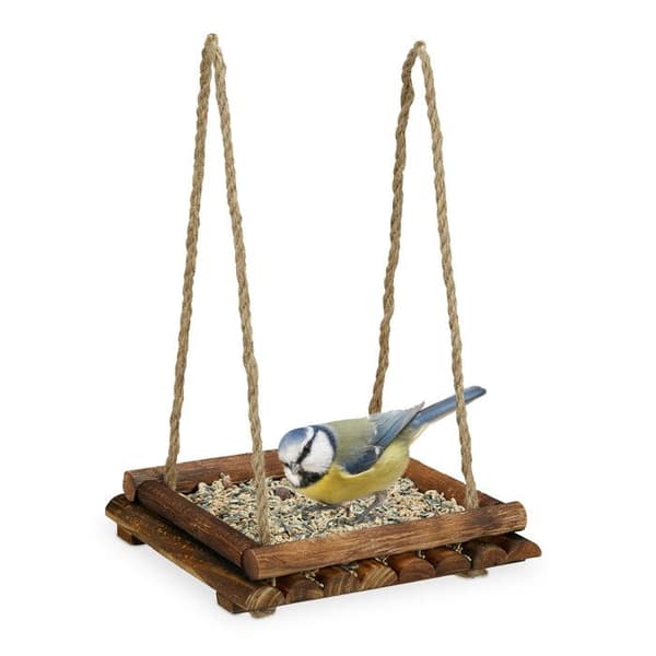 Relaxdays Utomhusfågelmatare att hänga eller ställa, i trä, H x B x D: 6,5 x 25 x 25 cm, brun