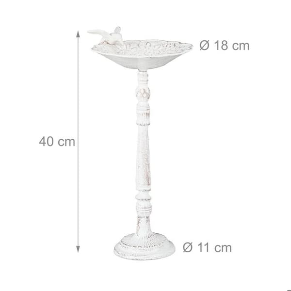 Relaxdays fågelbad, gjutjärn, trädgårdsdekor, antik stil, foderautomat på ben, 40 cm hög, vit