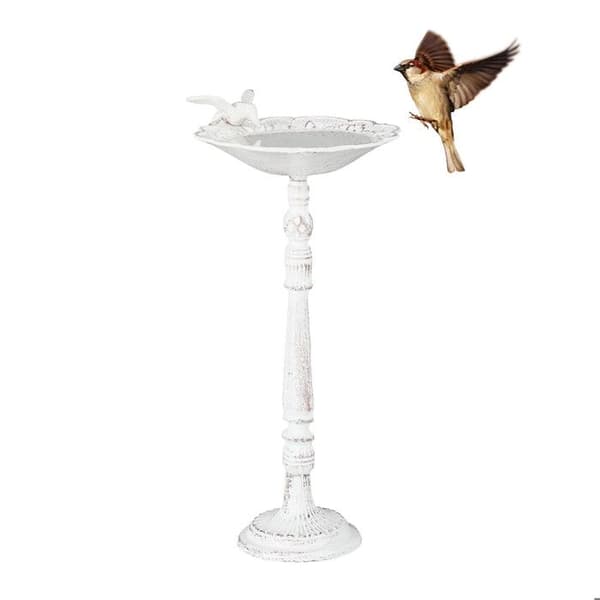 Relaxdays fågelbad, gjutjärn, trädgårdsdekor, antik stil, foderautomat på ben, 40 cm hög, vit
