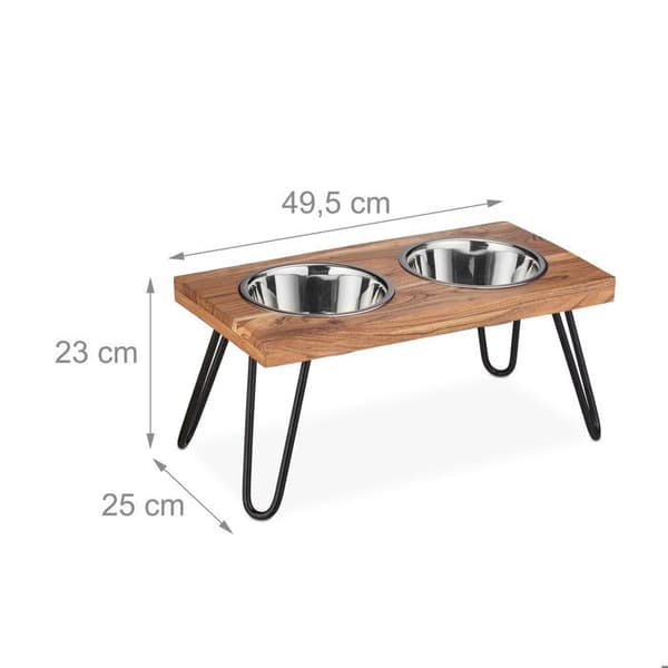Relaxdays Hundskålsset, rostfritt stål, med brunt akaciaträställ, 1200 ml, HLP 23x49,5x25 cm