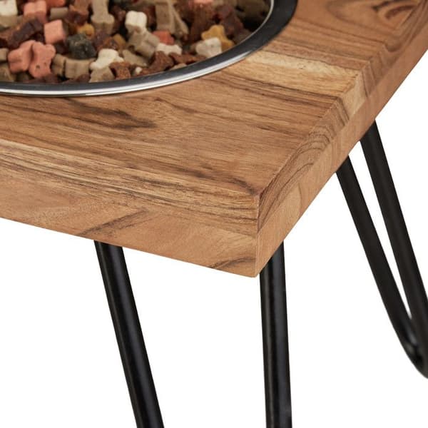 Relaxdays Hundskålsset, rostfritt stål, med brunt akaciaträställ, 1200 ml, HLP 23x49,5x25 cm