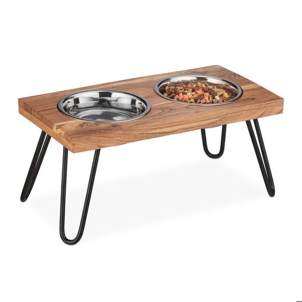 Relaxdays Hundskålsset, rostfritt stål, med brunt akaciaträställ, 1200 ml, HLP 23x49,5x25 cm