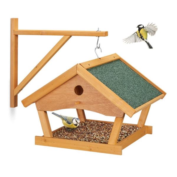 Relaxdays Fågelmatare i trä, hängande, HLP: 35x42,5x40,5 cm, trädgård, matdispenser, natur
