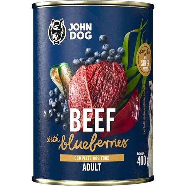 JOHN DOG BERRY våtfoder för hundar NÖTKÖTT MED BLÅBÄR 400 g